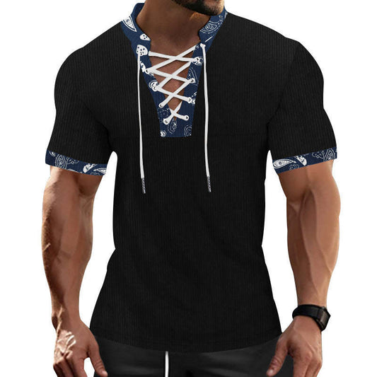 Men's Casual Contrast Color Laced Short Sleeve T-Shirt MTA0110D4X