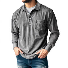 Men's Casual Long Sleeve Button-Up Polo Shirt with Chest Pocket