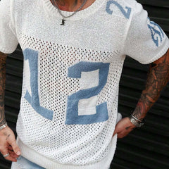 Men's Sport Lettering Jacquard Crew Neck Short Sleeve Sweater T-Shirt MTA1856C1X