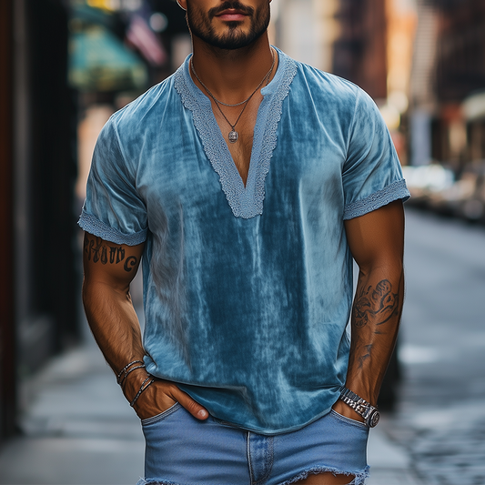 Men's Spring Fashion Deep V-neck Lace Stitching Velvet Short Sleeve T-shirt MTA2699C5K