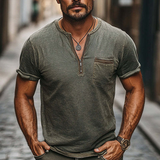 Men's Dark Green Distressed Half-Zip Casual Skin Friendly T-Shirt MTA2644C7U