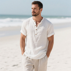 Men's Short-Sleeve Linen Henley Shirt - Casual Style, Perfect for Beach & Surfing