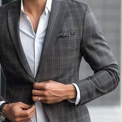 Men's Spring And Autumn Basic Gray Plaid Two-Button Blazer MTA0281D8U