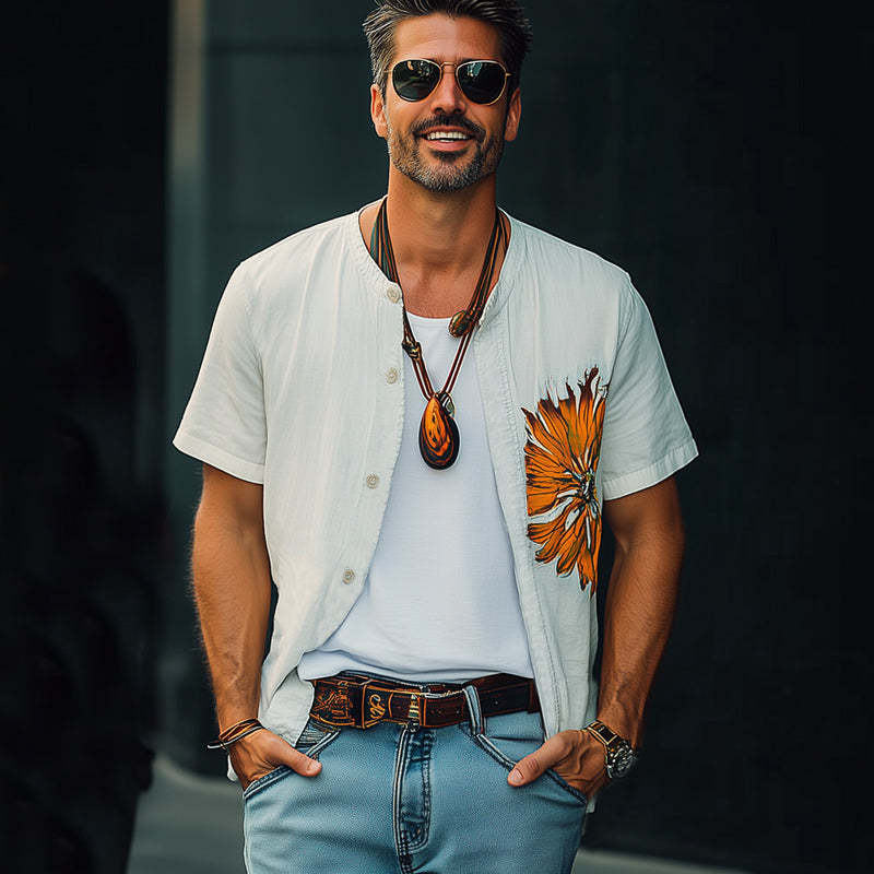 Men's Summer Casual Cotton Embroidered Short Sleeve Shirt MTA2253C0U