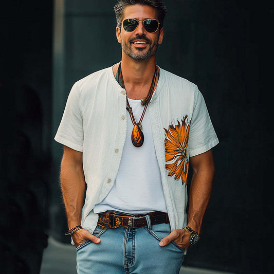 Men's Summer Casual Cotton Embroidered Short Sleeve Shirt MTA2253C0U