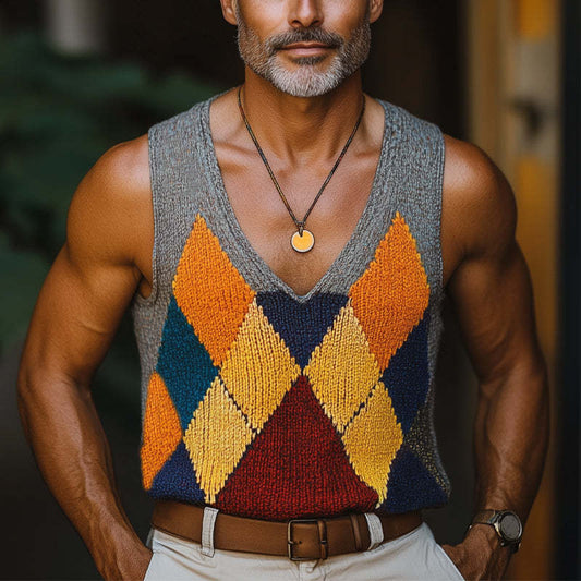 Men's Summer Fashion Diamond Colorblock Knitted Tank Top MTA0727D7U