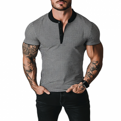 Men's Retro Houndstooth Patchwork Henry Collar Slim Fit Short Sleeve T-Shirt MTA1944C2M