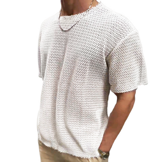 Men's Retro Casual Hollow Refreshing Round Neck Knitted Short Sleeve T-shirt MTA1917C3TO
