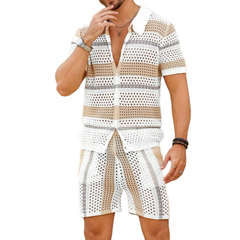 Men's Casual Lapel Single-Breasted Loose Cardigan Elastic Waist Shorts Striped Hollow Knit Set MTA2227C1M