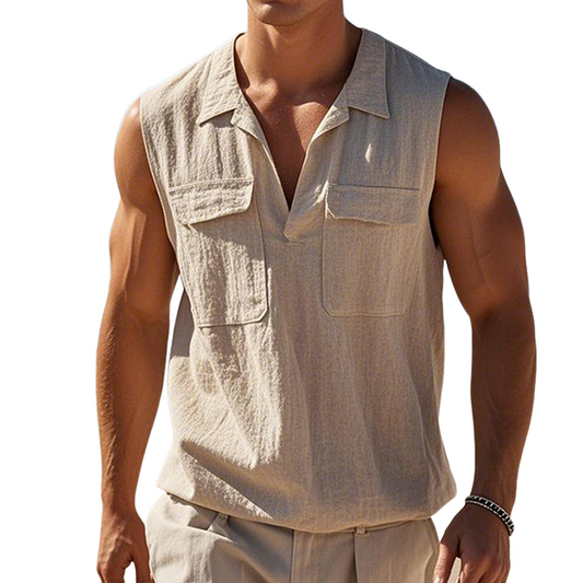 Men's Vintage Solid Color Linen Lapel Pocket Tank Top MTA3139C9TO