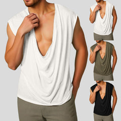 Men's Casual V Neck Cotton Draped Pleated Loose Tank Top MTA3128C5M