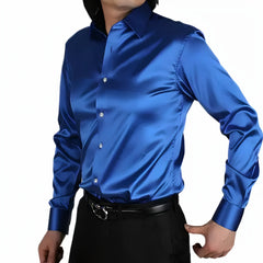 Men's Vintage Satin Lapel Patch Pocket Loose Long Sleeve Shirt MTA0286D0M