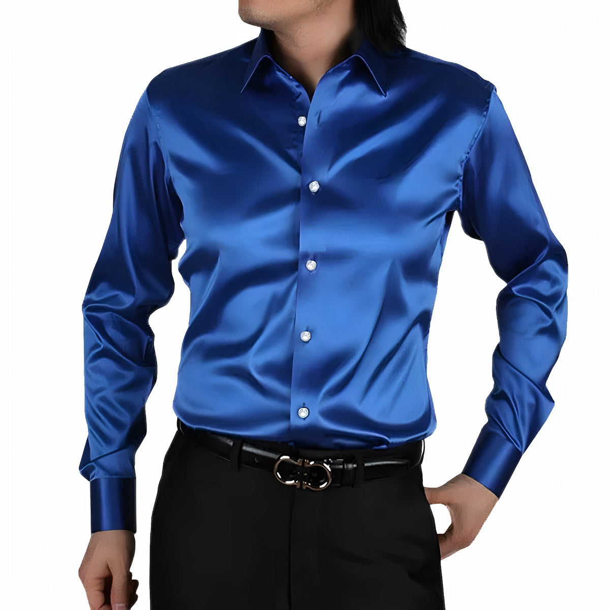 Men's Vintage Satin Lapel Patch Pocket Loose Long Sleeve Shirt MTA0286D0M