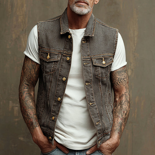 Casual Denim Vest with Tattooed Sleeves