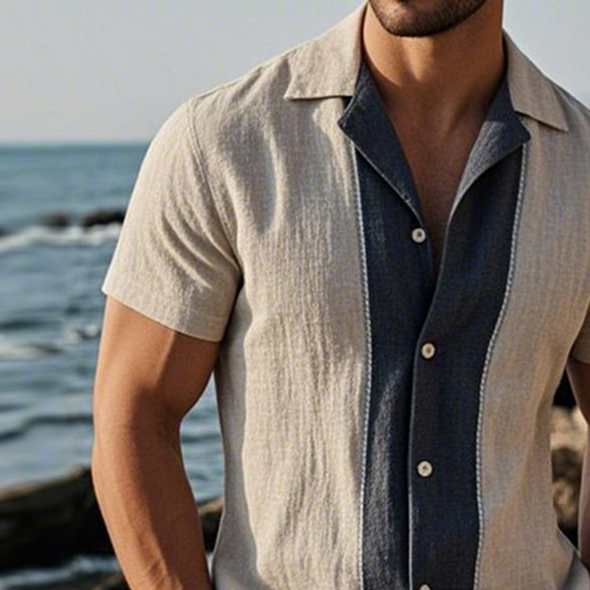 Men's Retro Casual Linen Striped Colorblock Printed Lapel Short Sleeve Shirt MTA2748C6TO