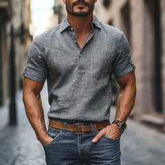 Men's Casual Linen Lapel Patch Pocket Pullover Short Sleeve Shirt MTA2136C0M