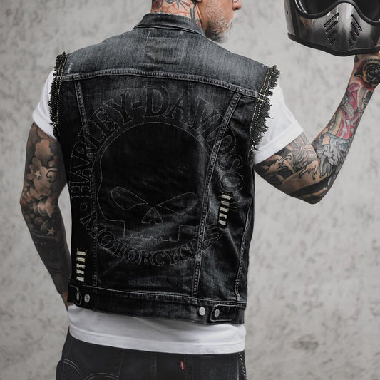 Distressed Denim Vest with Embroidered Skull Design for Biker Style