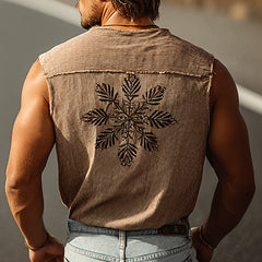 Brown Sleeveless Vest with Embroidered Snowflake Design