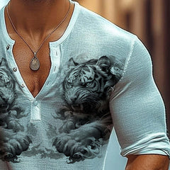 Men's Tiger Print Henley Neck Long Sleeve T-Shirt MTA0950D9X