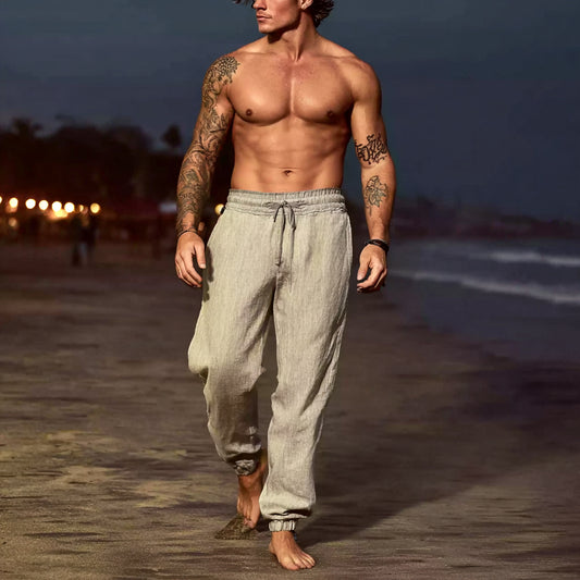 Casual Grey Linen Trousers for Beach Walks