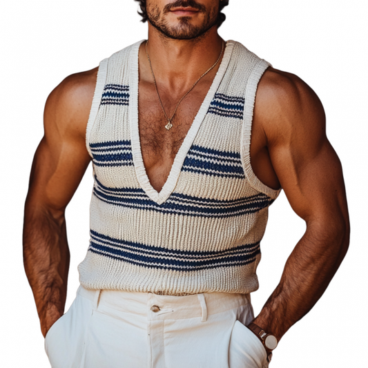 Men's Casual Deep V Neck Striped Knitted Vacation Tank Top MTA0843D7M