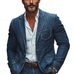 Men'S Dark Blue Textured Washed Denim Blazer MTA2657C6U