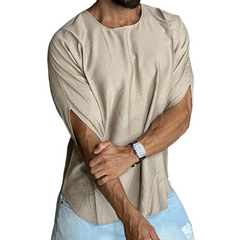 Men's Retro Casual Linen Pleated Round Neck Short Sleeve T-Shirt MTA2771C6TO