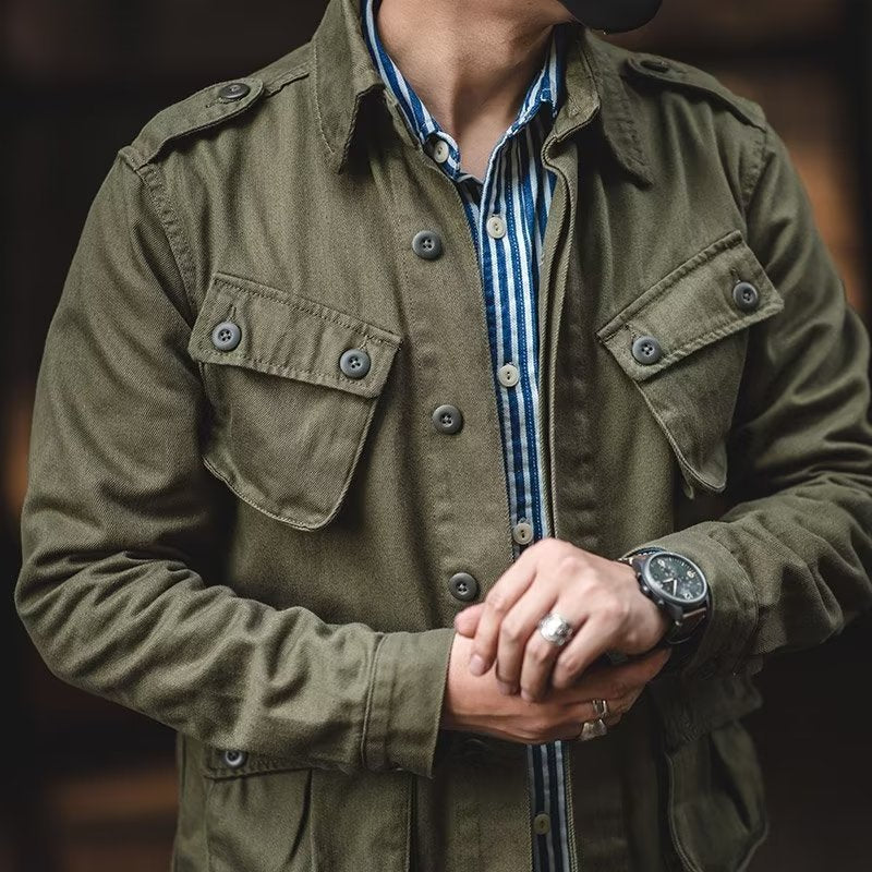 Men's Olive Green Military-Style Jacket with Striped Shirt Combo