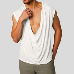 Men's Casual V Neck Cotton Draped Pleated Loose Tank Top MTA3128C5M