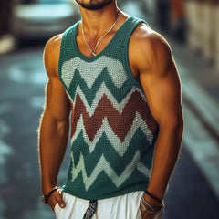 Men's Retro Casual Diamond Colorblock Round Neck Tank Top MTA0337D5TO