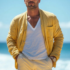 Men's Casual Bright Yellow Cotton And Linen Long Sleeve Shirt MTA1820C7U