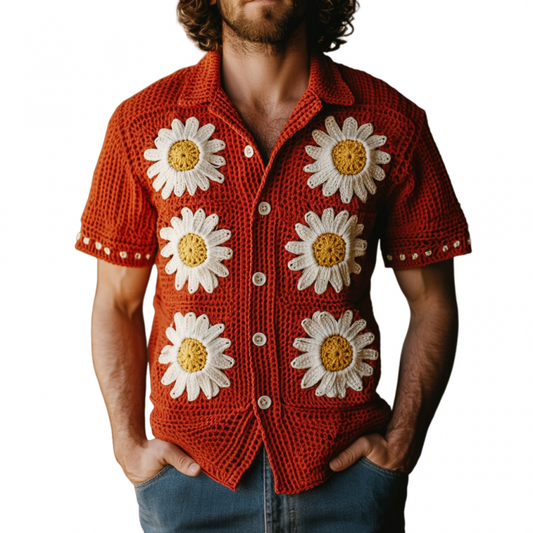 Men's Casual Lapel Single Breasted Daisy Embroidery Knitted Short Sleeve Cardigan MTA0791D3M