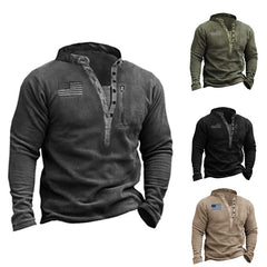 Stylish Henley Sweatshirt with Flag Patch - Perfect for Casual and Outdoor Wear