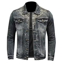 Distressed Denim Jacket with Embroidered Wings - Perfect for Casual and Fashionable Looks
