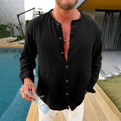 Men's Cotton And Linen Solid Color Long-sleeved Shirt 37130279X