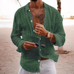 Solid Color Lapel Shirt for Men - Casual Style, Long-Sleeve Cotton-Linen Blend