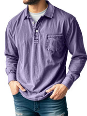 Men's Casual Long Sleeve Button-Up Polo Shirt with Chest Pocket