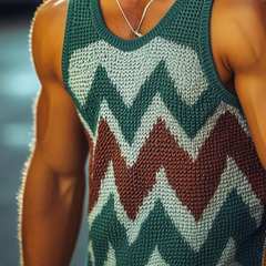 Men's Retro Casual Diamond Colorblock Round Neck Tank Top MTA0337D5TO