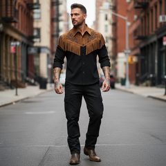 Men's Vintage Western Suede Contrast Embroidered Tassel Long-Sleeve Shirt