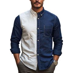 Men's Spring And Autumn Cotton And Linen Contrast Color Stitching Shirt MTA2581C7U