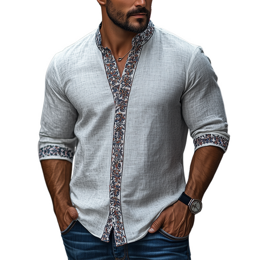 Men's Spring Classic Retro Ethnic Printed Stand Collar Long Sleeve Shirt MTA2156C8K