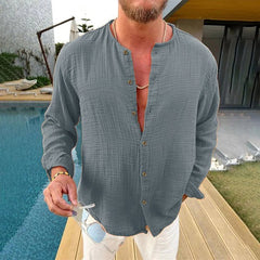 Men's Cotton And Linen Solid Color Long-sleeved Shirt 37130279X