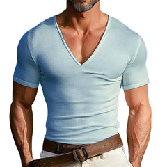 Men's Solid Color Knitted V-Neck Casual Short Sleeve T-Shirt MTA0368D9X
