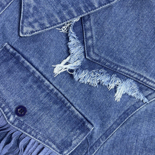 Men's Retro Western Cowboy Tassel Stitching Denim Long Sleeve Shirt 10742814U