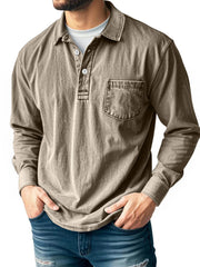Men's Casual Long Sleeve Button-Up Polo Shirt with Chest Pocket