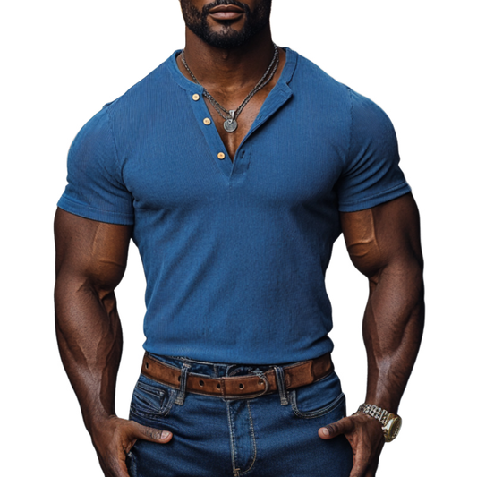 Men's Casual Cotton Elastic Rib Henley Collar Slim Fit Short Sleeve T-Shirt MTA2232C5M