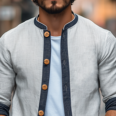 Men's Spring Fashion Classic Retro Cotton And Linen Splicing Long Sleeve Shirt MTA2776C7K