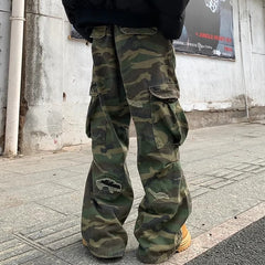 Camouflage Cargo Pants with Distressed Details for Men