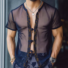 Men's Retro Casual Baroque Print Mesh Tie Short Sleeve Shirt MTA0251D8TO