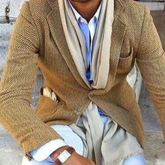 Men's Vintage Herringbone Lapel Single Breasted Blazer 84719153M